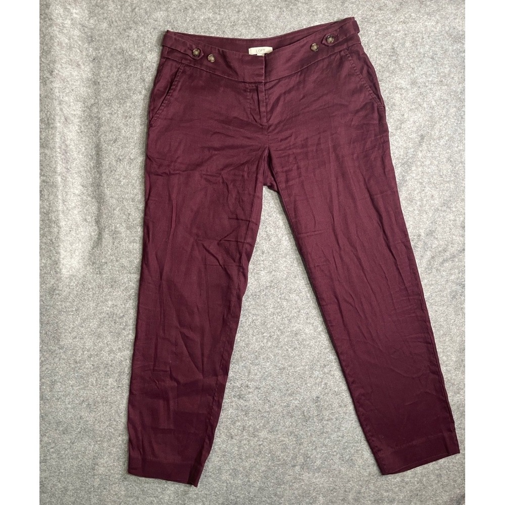 Loft Marisa‎ Burgundy Straight Leg Trousers Button Waist Tab Maroon Pants 2
